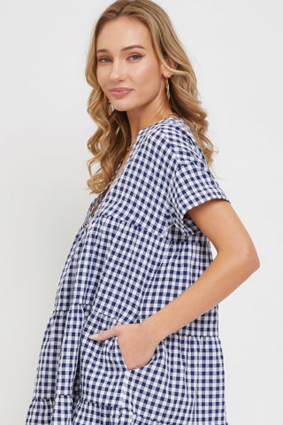 Hot Girl Cotton Blend Bodydoll Gingham Mini Dress In Navy