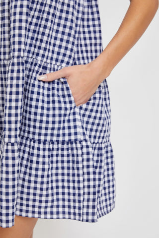 Hot Girl Cotton Blend Bodydoll Gingham Mini Dress In Navy