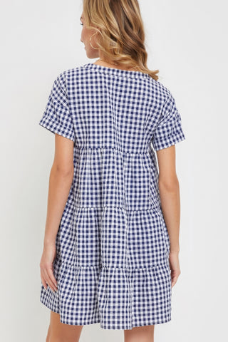 Hot Girl Cotton Blend Bodydoll Gingham Mini Dress In Navy