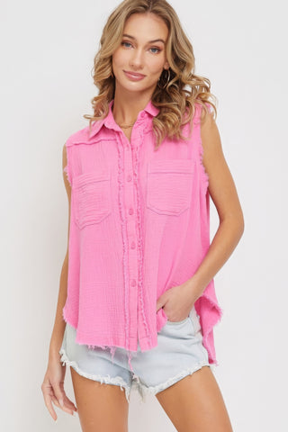 Hot Girl Washed Cotton Gauze Sleeveless Shirt In Rose Pink