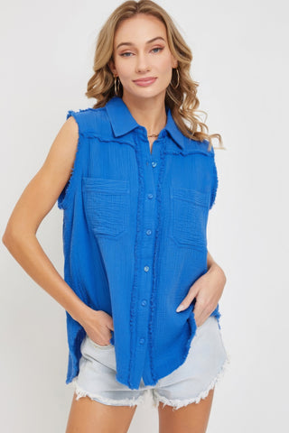 Hot Girl Washed Cotton Gauze Sleeveless Shirt In Blue