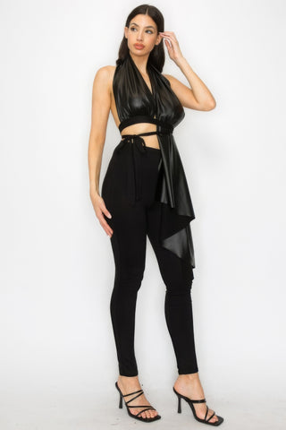 Hot Girl Farra Faux Leather Top and Pants Two Piece Set In Black - Hot Girl Apparel