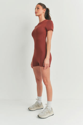 Hot Girl One And Only Solid Bodycon Zippered Romper In Cayenne Rust