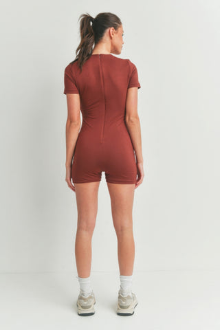 Hot Girl One And Only Solid Bodycon Zippered Romper In Cayenne Rust