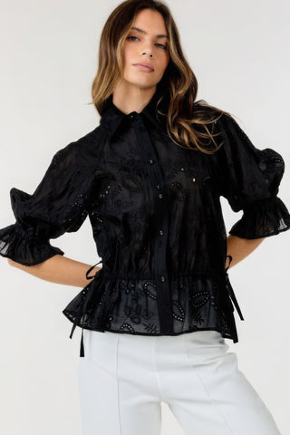 Hot Girl Eyelet Collared Neck Embroidered Top In Black - Hot Girl Apparel