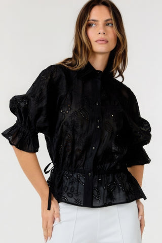 Hot Girl Eyelet Collared Neck Embroidered Top In Black - Hot Girl Apparel