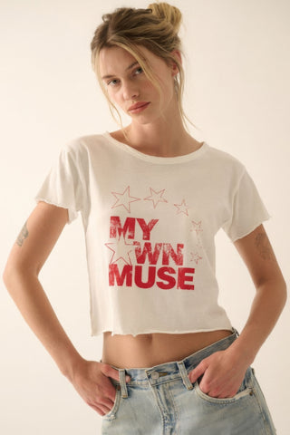 Hot Girl My Own Muse Vintage Wash Cropped Graphic Tee In White - Hot Girl Apparel