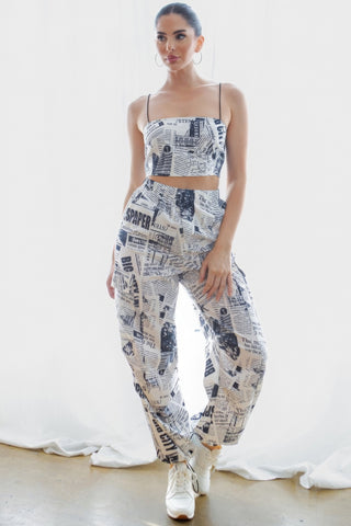 Hot Girl Newspaper Print Cargo Pants & Crop Top Two Piece Set