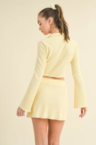 Hot Girl Waffle Knit Bell Sleeve Top And Skirt Two Piece Set In Yellow