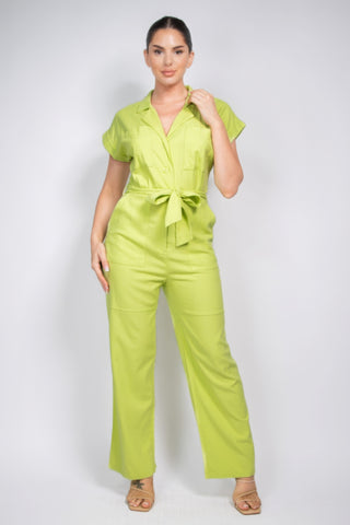 Hot Girl Belted Button-Down Linen Jumpsuit In Lime