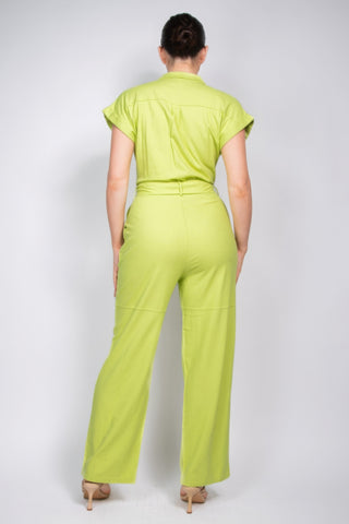 Hot Girl Belted Button-Down Linen Jumpsuit In Lime