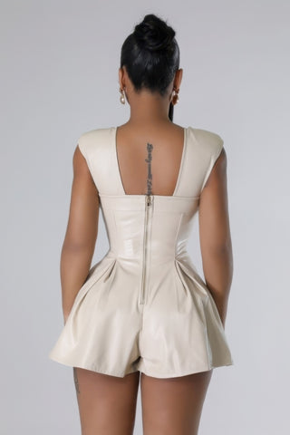 Hot Girl Corset Waist Faux Leather Stretch Romper In Nude