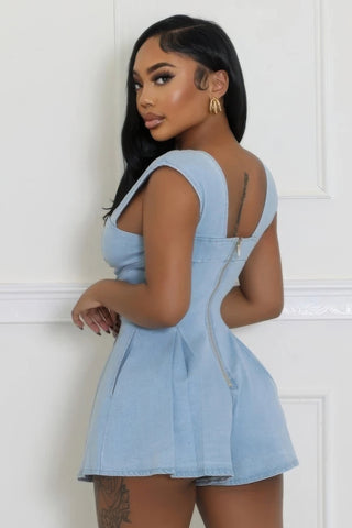 Hot Girl Corset Waist Faux Leather Stretch Romper In Denim