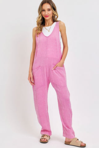 Hot Girl Forever Summer Mineral Washed Soft Cotton Jumpsuit In Pink