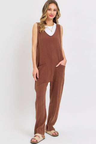 Hot Girl Forever Summer Mineral Washed Soft Cotton Jumpsuit In Brown