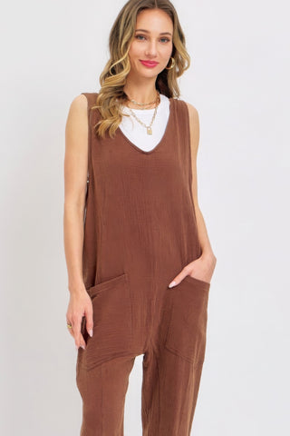 Hot Girl Forever Summer Mineral Washed Soft Cotton Jumpsuit In Brown