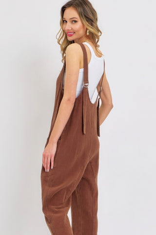 Hot Girl Forever Summer Mineral Washed Soft Cotton Jumpsuit In Brown