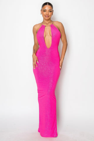 Hot Girl Amaya Extreme Plunge Halter Neck Maxi Dress In Hot Pink