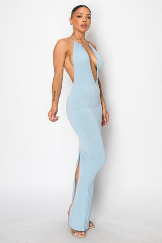 Hot Girl Amaya Extreme Plunge Halter Neck Maxi Dress In Sky Blue