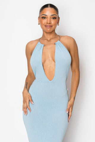 Hot Girl Amaya Extreme Plunge Halter Neck Maxi Dress In Sky Blue