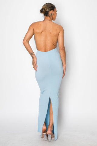 Hot Girl Amaya Extreme Plunge Halter Neck Maxi Dress In Sky Blue