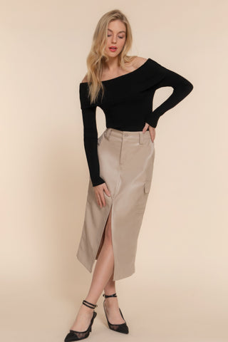 Hot Girl Florence Faux Leather Cargo Midi Skirt In Beige