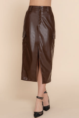 Hot Girl Florence Faux Leather Cargo Midi Skirt In Brown