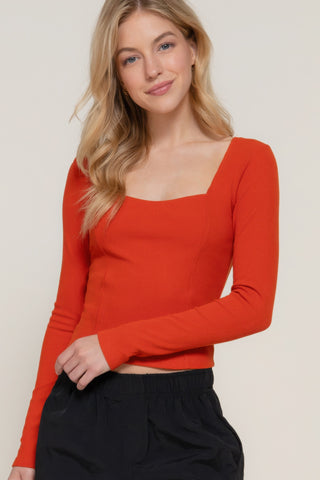 Hot Girl Sweetheart Neckline Seam Detail Long Sleeve Top In Red