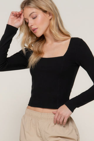 Hot Girl Sweetheart Neckline Seam Detail Long Sleeve Top In Black