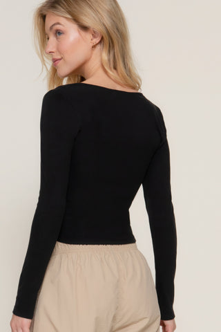 Hot Girl Sweetheart Neckline Seam Detail Long Sleeve Top In Black