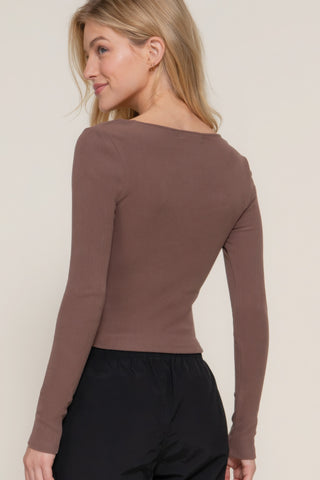 Hot Girl Sweetheart Neckline Seam Detail Long Sleeve Top In Brown