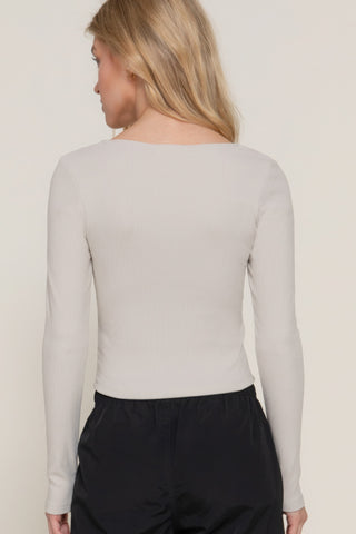 Hot Girl Sweetheart Neckline Seam Detail Long Sleeve Top In Beige