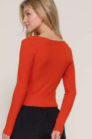 Hot Girl Sweetheart Neckline Seam Detail Long Sleeve Top In Red