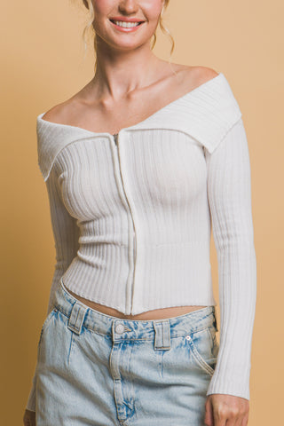 Hot Girl Bardot Contrast Ribbed Zippered Long Sleeve Top In White