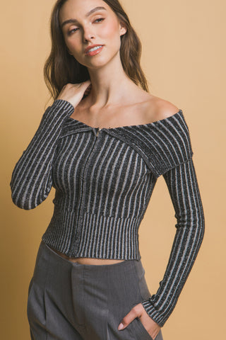 Hot Girl Bardot Contrast Ribbed Zippered Long Sleeve Top In Black