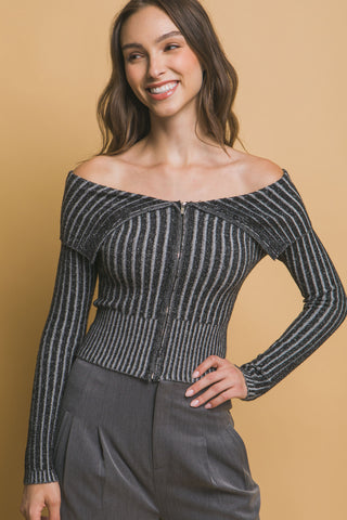 Hot Girl Bardot Contrast Ribbed Zippered Long Sleeve Top In Black