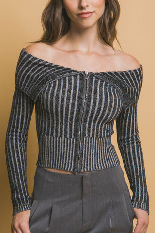 Hot Girl Bardot Contrast Ribbed Zippered Long Sleeve Top In Black