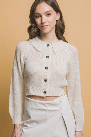 Hot Girl Metallic Threads Cropped Collared Button Up Sweater In Cream