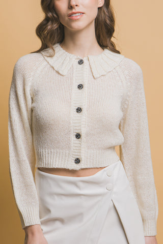 Hot Girl Metallic Threads Cropped Collared Button Up Sweater In Cream