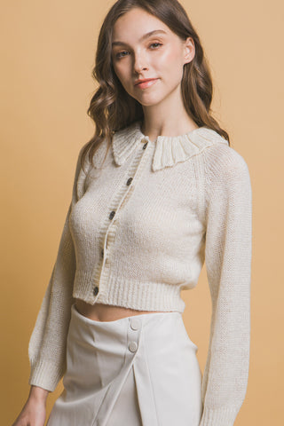 Hot Girl Metallic Threads Cropped Collared Button Up Sweater In Cream