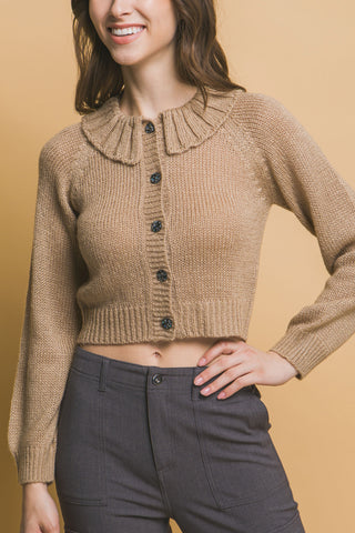 Hot Girl Metallic Threads Cropped Collared Button Up Sweater In Khaki