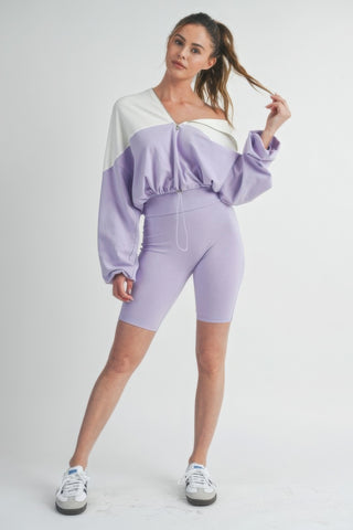 Hot Girl Color Block Sweatshirt And Biker Short Two Piece Active Set In Lavender