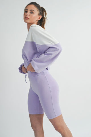 Hot Girl Color Block Sweatshirt And Biker Short Two Piece Active Set In Lavender