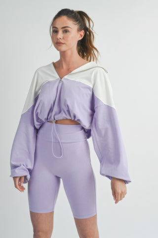 Hot Girl Color Block Sweatshirt And Biker Short Two Piece Active Set In Lavender