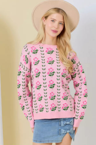 Hot Girl Pink Posey Floral Jacquard Knit Sweater