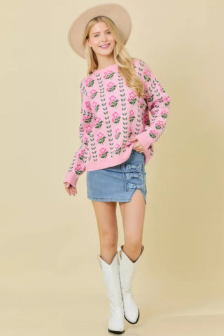 Hot Girl Pink Posey Floral Jacquard Knit Sweater