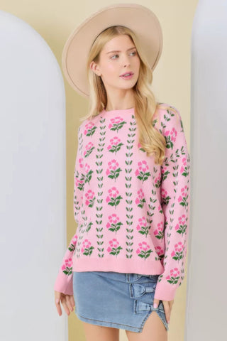 Hot Girl Pink Posey Floral Jacquard Knit Sweater