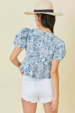 Hot Girl Delilah Denim Floral Embroidered Crop Top With Front Tie Detail In Blue