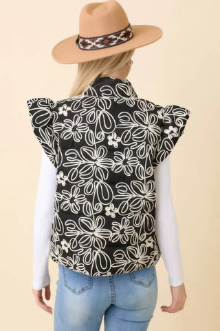 Hot Girl Delilah Floral Velvet Embroidered Denim Puffer Vest In Black