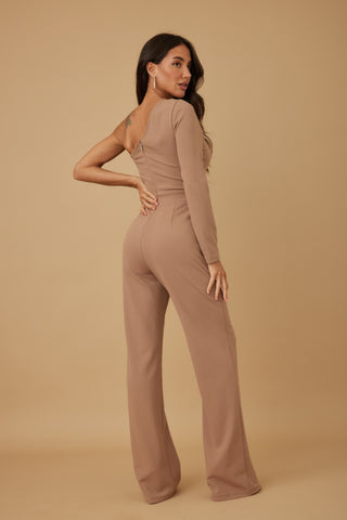 Hot Girl Winter Neutrals One Shoulder Jumpsuit In Mocha